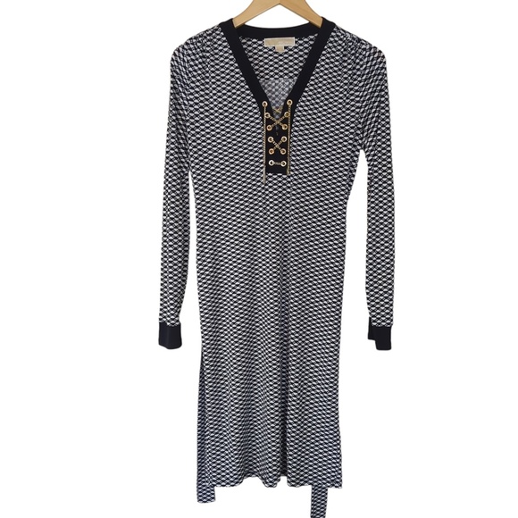 Michael Kors Black White Grommet Lace up Midi Dress - Picture 8 of 16